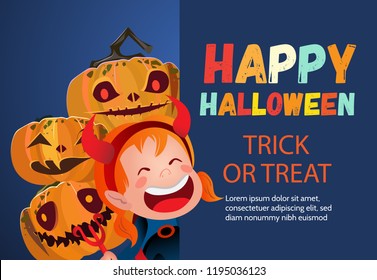 Happy Halloween trick or treat creative poster. Multicolored lettering with cartoon characters of devil girl and angry pumpkins. Can be used for invitations, presentations 