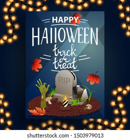 Happy Halloween, trick or treat, creative vertical postcard with autumn leafs, tombstone and zombie hand