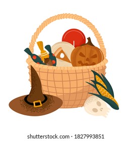 Happy Halloween. Trick or treat. Cute vector basket with halloween sweets. Composition with pumpkin pie, candy, lollipops, pumpkin, corn, skull and witch hat. Vector flat illustration in cartoon style