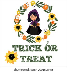 Happy Halloween, trick or treat, cute witch in a wreath of autumn flowers, with sweets, lollipops, sunflowers.