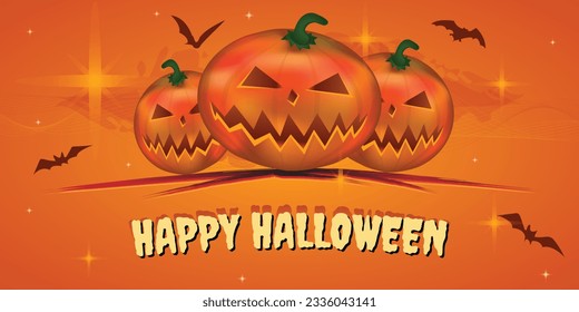 Happy Halloween trick or treat event, orange color abstract background with pumpkins, bats and stars, horror face, banner for festival celebration, creepy, scary, spooky backdrop