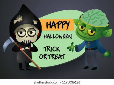 Happy Halloween trick or treat festive dark green banner design. Lettering with cartoon characters of skeleton and zombie monster. Can be used for invitations and postcards.