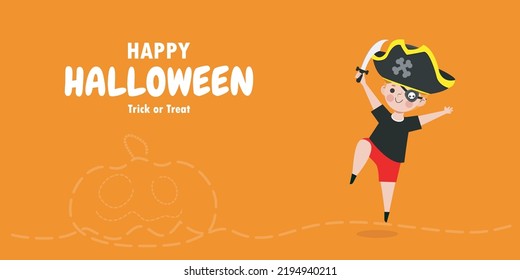 Happy Halloween trick or treat flat style pirate and fun party celebration invitation banner template, poster background Vector illustration