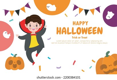 Happy Halloween trick or treat flat style dracula and fun party celebration invitation banner template, poster background Vector illustration