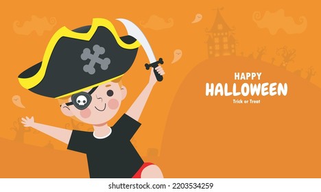 Feliz truco de Halloween o tratar a los piratas de estilo plano y celebración de fiesta divertida plantilla de banner de invitación, fondo del afiche Ilustración del vector