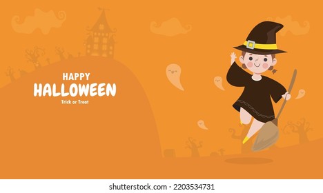 Happy Halloween trick or treat flat style witch and fun party celebration invitation banner template, poster background Vector illustration