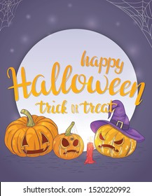 Happy Halloween Trick or treat. Flyer with pumpkins, witch hat and candle