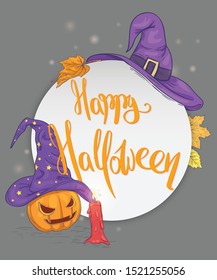Happy Halloween Trick or treat. Flyer with pumpkin, witch hat and candle