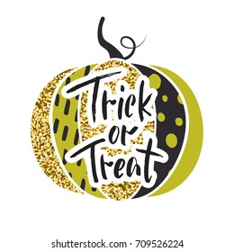 Happy Halloween. Trick or treat. Glamorous sparkling pumpkin with gold tinsel. Vector illustration. Design for greeting cards, banners, posters,ads, coupons, promotional material