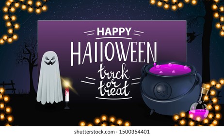 Happy Halloween, trick or treat, greeting purple card with ghost and witch's cauldron with potion