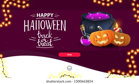 Happy Halloween, trick or treat, greeting pink postcard with button, witch's cauldron and pumpkin Jack