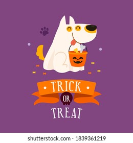 Happy Halloween, Trick or Treat greeting card Vector illustration. Cute Spooky dog in halloween pet costume on purple background