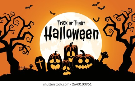 Happy Halloween trick or treat greeting clipart design. Halloween scary banner with full moon, pumpkin and Jack o decoration clip art in orange dawn horror background vector illustration. 
