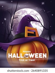 Happy Halloween Trick or Treat greeting clipart poster. Cute pumpkin wearing witch hat elements with Halloween trick or treat text clip art in full moon spooky night background banner card design 