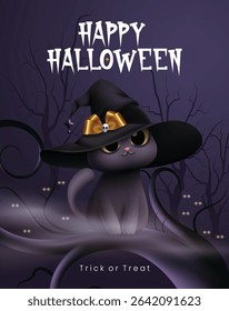 Happy Halloween trick or treat greeting clipart poster. Halloween trick or treat text clip art with cat character sitting on the trees and wearing witch hat elements in scary dark night background 