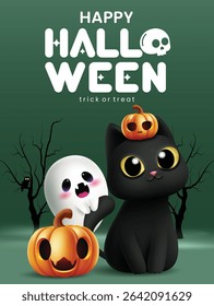 Happy Halloween trick or treat greeting clipart poster. Halloween trick or treat text clip art with cat, ghost and pumpkin character in scary green night forest background for horror party banner 