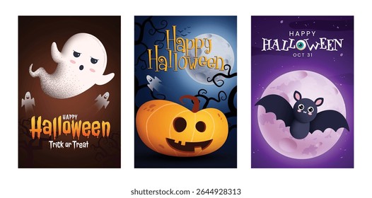 Happy Halloween trick or treat greeting clipart poster set. Halloween greeting and invitation card flyer template clip art collection with cute ghost, pumpkin and bat in scary night moon background 