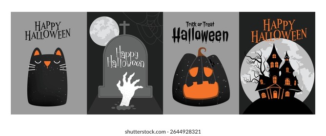 Happy Halloween trick or treat greeting clipart poster set. Halloween greeting text clip art with cat, graves stone, Jack O lantern and haunted house silhouette elements in black and grey background 