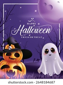 Feliz Halloween truque ou tratar saudação clipart poster. Halloween Trick ou Treat texto clip art com abóbora bonito usando chapéu de bruxa e personagem fantasma para o modelo de cartão de convite de festa de horror 