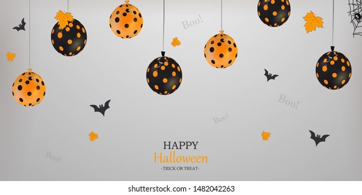 Happy Halloween. Trick or Treat. Holiday vector concept with halloween glitter confetti ghost black, orange balloons with autumn leaves for banner, website, poster, greeting card, party invitation.  