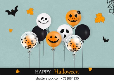 Happy Halloween. Trick or treat. Holiday concept with colorful balloons, falling leaves,  spider web, flying bats for banner, poster, greeting card, party invitation. vector cartoon illustration.