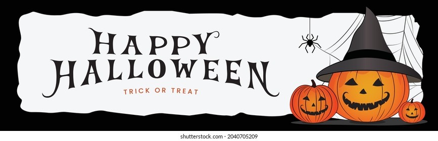 Happy Halloween, Trick or treat Horizontal Banner or party invitation background. Black background banner with Spider, spider web, pumpkin. Typography, Dark black banner, or black border illustration.