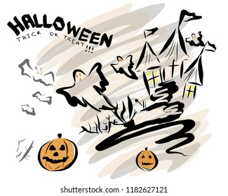 Happy Halloween: trick or treat. Illustration of haunted house, ghost, bat and pumpkin