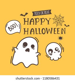 Happy Halloween Trick or Treat invitation card party design template. Cute cartoon spooky and skull on yellow background. Vector illustration