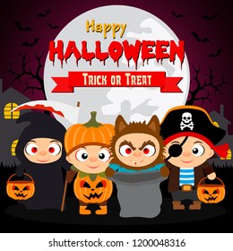 Happy Halloween Trick or Treat with kids in costume.Vector illustration