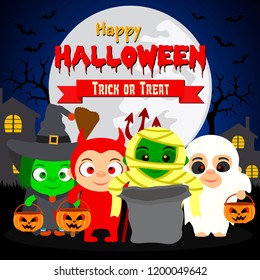 Happy Halloween Trick or Treat with kids in costume halloween.Vector illustration