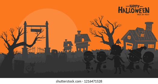 Happy halloween trick or treat with kids wearing halloween costume on cemetery background orange color. Vector design for invitation card, greeting card, poster and banner halloween celebration event