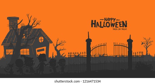 Happy halloween trick or treat with  kids wearing costume on cemetery isolated on orange background. Vector design for invitation card, greeting card, poster and banner halloween celebration event