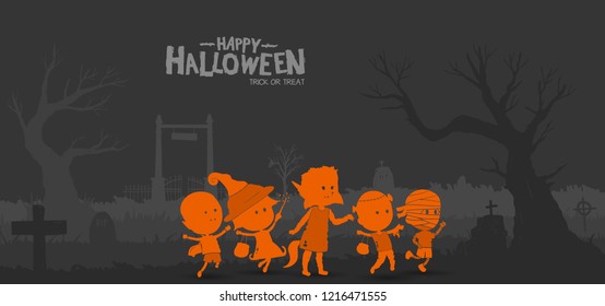 Happy halloween trick or treat with kids wearing costume orange color on cemetery background. Vector design for invitation card, greeting card, poster and banner halloween celebration event