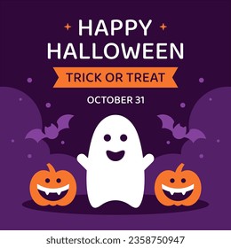 Happy Halloween trick or treat kids greeting card social media post design template vector flat illustration. Traditional autumn holiday celebration party violet promo with cute ghost pumpkin and bat