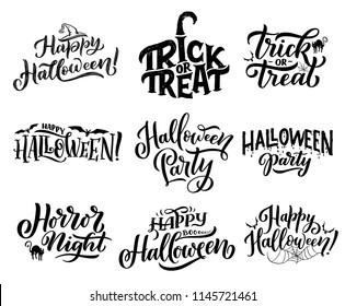 Happy Halloween trick or treat lettering for october holiday greeting cards design. Horror night party invitations with hand drawn calligraphy, decorated by bat, spider, black cat and witch hat