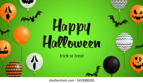 Happy Halloween, Trick or Treat lettering, ghost balloons. Invitation or advertising design. Typed text, calligraphy. For leaflets, brochures, invitations, posters or banners.