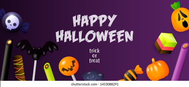 Happy Halloween, Trick or Treat lettering with sweets. Invitation or advertising design. Typed text, calligraphy. For leaflets, brochures, invitations, posters or banners.