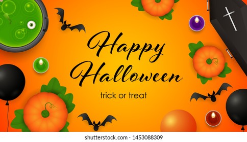 Happy Halloween, Trick or Treat lettering, cauldron with potion. Invitation or advertising design. Handwritten and typed text, calligraphy. For leaflets, brochures, invitations, posters or banners.