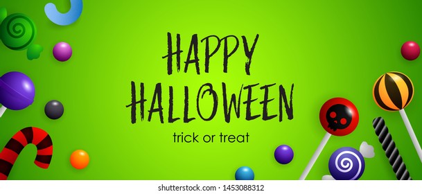 Happy Halloween, Trick or Treat lettering with cute candies. Invitation or advertising design. Typed text, calligraphy. For leaflets, brochures, invitations, posters or banners.