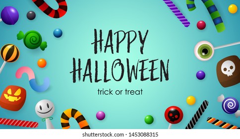 Happy Halloween, Trick or Treat lettering with candies. Invitation or advertising design. Typed text, calligraphy. For leaflets, brochures, invitations, posters or banners.