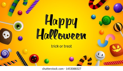 Happy Halloween, Trick or Treat lettering and confectionery. Invitation or advertising design. Handwritten and typed text, calligraphy. For leaflets, brochures, invitations, posters or banners.