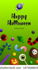 Happy Halloween, Trick or Treat lettering with sweets. Invitation or advertising design. Handwritten text, calligraphy. For leaflets, brochures, invitations, posters or banners.