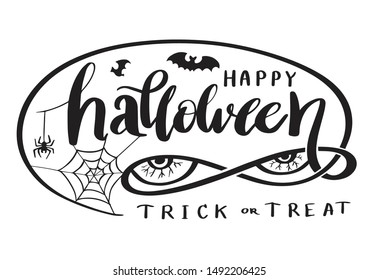 Happy Halloween trick or treat lettering on white background with bats and spider web. Vector illustration for Halloween party poster and greeting card element.