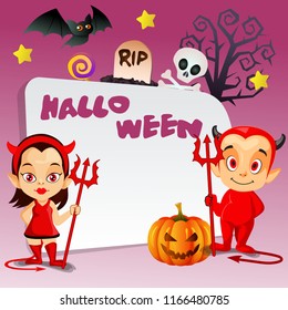 happy halloween trick or treat with little couple devil and dead tree background