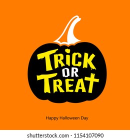 Happy halloween Trick or treat message black pumpkin on orange background, vector illustration