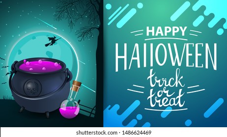 Happy Halloween, trick or treat, modern horizontal greeting postcard with beautiful night halloween landscape and witch's cauldron