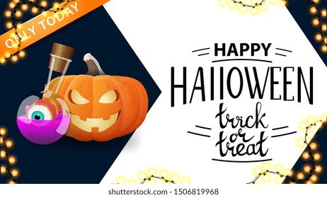 Happy Halloween, trick or treat, modern grreting postcard for your website with big arrow on background, pumpkin Jack and witch's potion