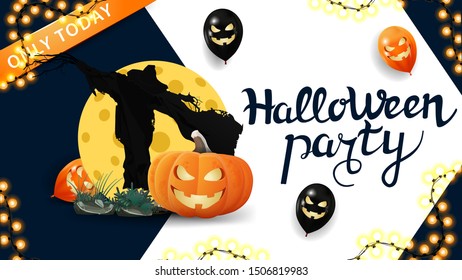 Happy Halloween, trick or treat, modern grreting postcard for your website with big arrow on background, pumpkin Jack and witch's potion