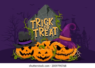 Happy Halloween (trick or treat) night Illustration Poster for party invitation background. Such as Pumpkin, vine, dry tree, bat, hat, castle, tombstone scene for designer create banner or web page.