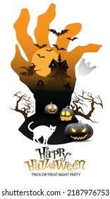 Happy Halloween trick or treat night party poster hand zombie orange on white design for holiday festival celebration vector illustration.